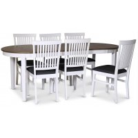 Skagen matgrupp; matbord 160/210x90 cm - Vit / brunoljad ek med 6 st Fårö stolar med grå tygsits Skagen matgrupp; matbord 160/210x90 cm - Vit / brunoljad ek med 6 st Fårö stolar med grå tygsits
