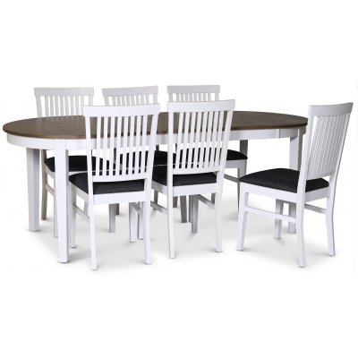 Skagen matgrupp; matbord 160/210x90 cm - Vit / brunoljad ek med 6 st Fårö stolar med grå tygsits