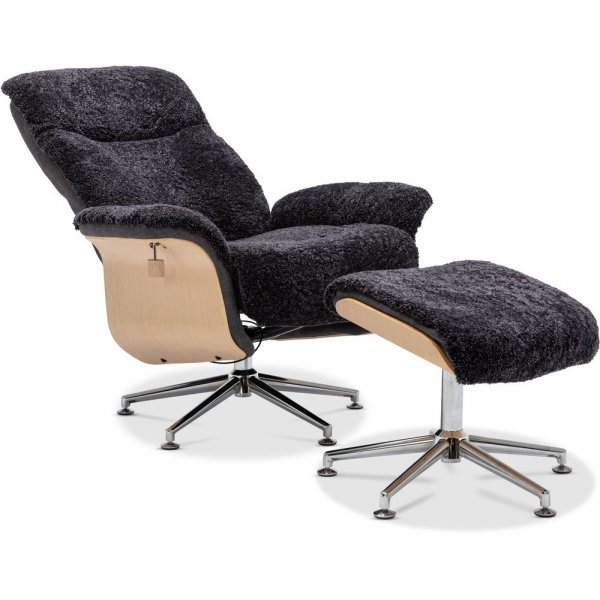 Ulla f�t�lj med fotpall i f�rskinn - Antracit / Whitewash / Krom