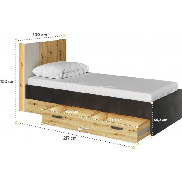 Qubic bedframe 90 x 200 cm - Ambachtelijk eiken/grijs/zwart Qubic bedframe 90 x 200 cm - Ambachtelijk eiken/grijs/zwart