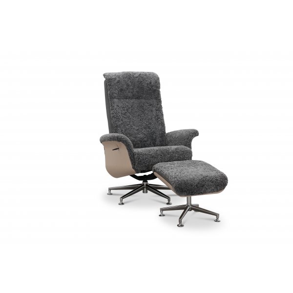 Reclinerftlj med fotpall i kta frskinn grafitgr/whitewash - Ulla + Textilskydd fr mbler