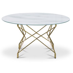 Soffbord Star 90 cm – Vitt marmorerat glas / mässingsfärgat underrede – Marmorsoffbord, Marmorbord, Bord