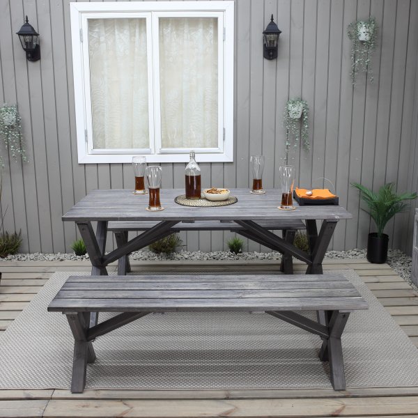 Table de groupe d'extrieur Scottsdale 150 cm avec 2 bancs - Shabby Chic gris