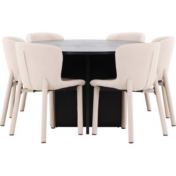 Matbord Strada med 6 st Astoria stolar - Beige/svart + 6.00 x Stolsdyna