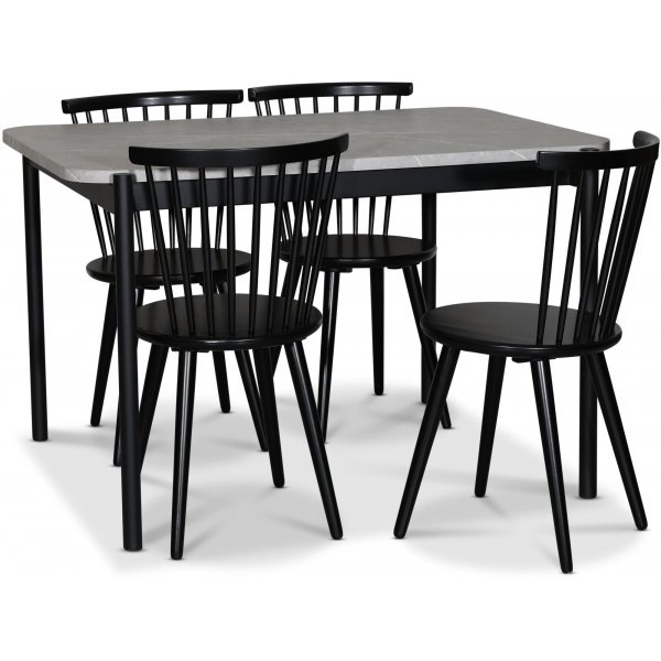 Groupe repas Wayne 120x80 cm incl. 4 pcs Chaises cantilever noires Castor - Marbre gris clair (Foiling) + 3.00 x Pieds de meubles