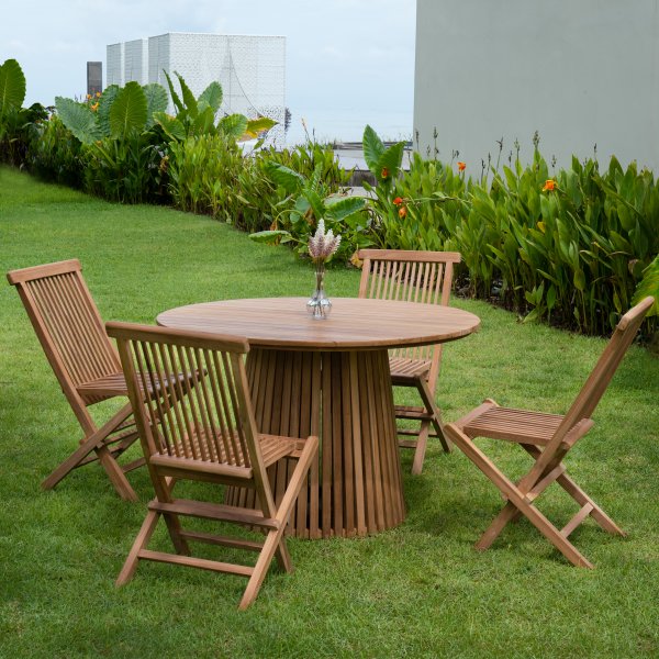 Utegrupp i teak; runt bord med 4 st stolar - Salt