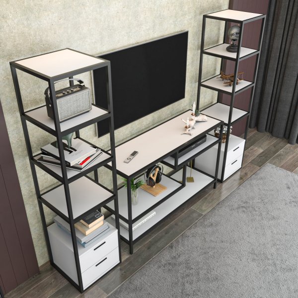 Robbins mediabank met planken - Zwart/wit Robbins mediabank met planken - Zwart/wit