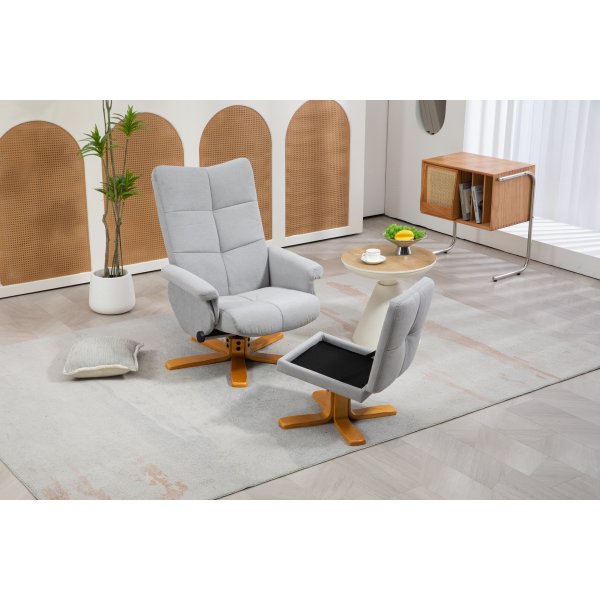 Fauteuil réglable Duva avec repose-pieds et rangement - Tissu gris et pieds en bois Fauteuil réglable Duva avec repose-pieds et rangement - Tissu gris et pieds en bois