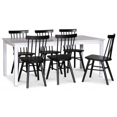 Orust matgrupp; matbord 180x90 cm med 6 st svarta Orust pinnstolar