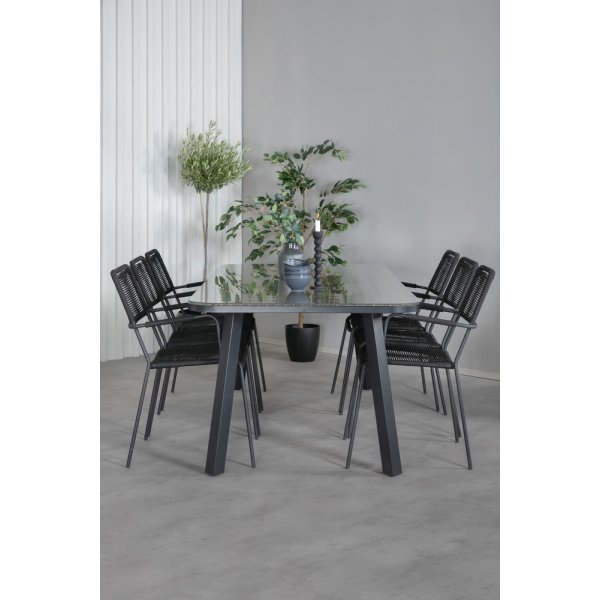 Paola utematgrupp med 6 st Lindos karmstolar - Svart Paola utematgrupp med 6 st Lindos karmstolar - Svart