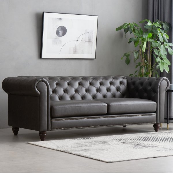 Soffa chesterfield 3-sits 219 cm svart konstlder