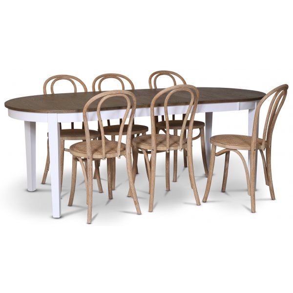 Skagen matgrupp; matbord 160/210x90 cm - Vit / brunoljad ek med 6 st Danderyd No.18 stolar Whitewash