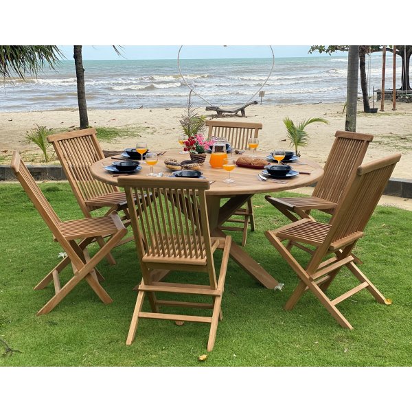 Matbord runt i massiv teak - Salt + Textilrengring fr mbler