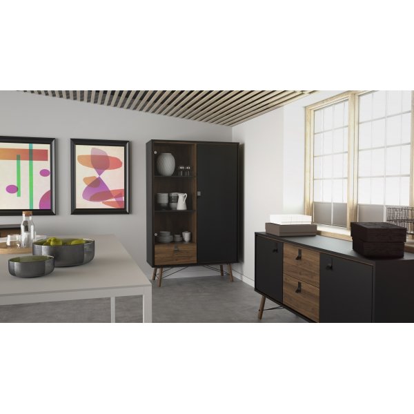 Ry vitrinekast - Zwart/walnoot