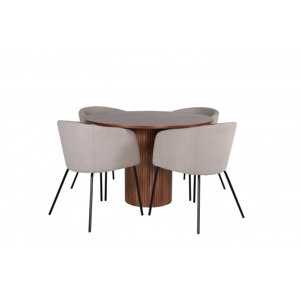 Bianca Matgrupp runt valnöt matbord med 4 st Berit beige polyesterlinne stolar Bianca Matgrupp runt valnöt matbord med 4 st Berit beige polyesterlinne stolar