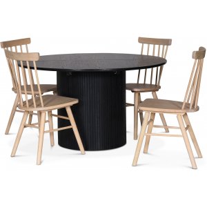 Groupe repas Nova, table  manger extensible 130-170 cm avec 4 chaises en rotin Orust huil blanc - Chne teint noir