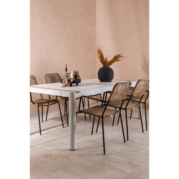 Togo utematgrupp med 6 st Lindos karmstolar - Beige/Svart/Teak Togo utematgrupp med 6 st Lindos karmstolar - Beige/Svart/Teak