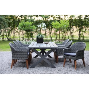 Groupe de restauration en plein air d'Oxford; table grise 220 cm avec 6 fauteuils Valetta rotin synthtique gris