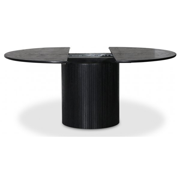Groupe de repas Nova, table à manger extensible Ø130-170 cm avec 4 chaises cantilever noires Orust - Chêne teinté noir Groupe de repas Nova, table à manger extensible Ø130-170 cm avec 4 chaises cantilever noires Orust - Chêne teinté noir