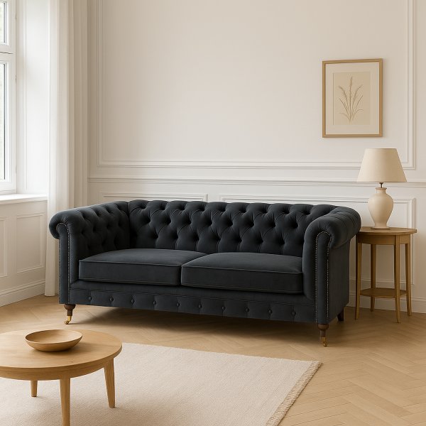 Chesterfieldsoffa Cambridge Deluxe 2,5-sits - Mörkgrå sammet Chesterfieldsoffa Cambridge Deluxe 2,5-sits - Mörkgrå sammet
