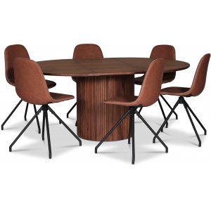 Nova matgrupp, förlängningsbart matbord Ø130-170 cm inkl 6 st Bridge snurrbara matstolar - Valnöt - Matgrupper