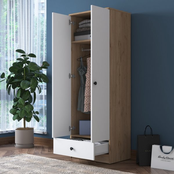 Mendy garderob med låda 60 cm - Valnöt/vit Mendy garderob med låda 60 cm - Valnöt/vit