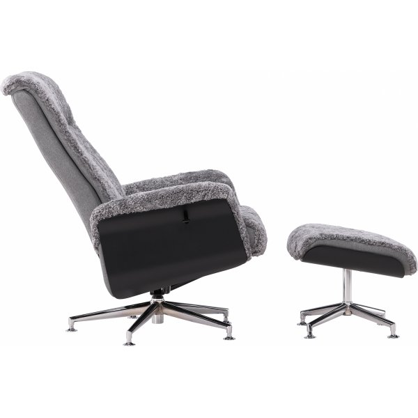 Ulla f�t�lj med fotpall i f�rskinn - Gr� / Svartbets / Krom + Textilreng�ring f�r m�bler