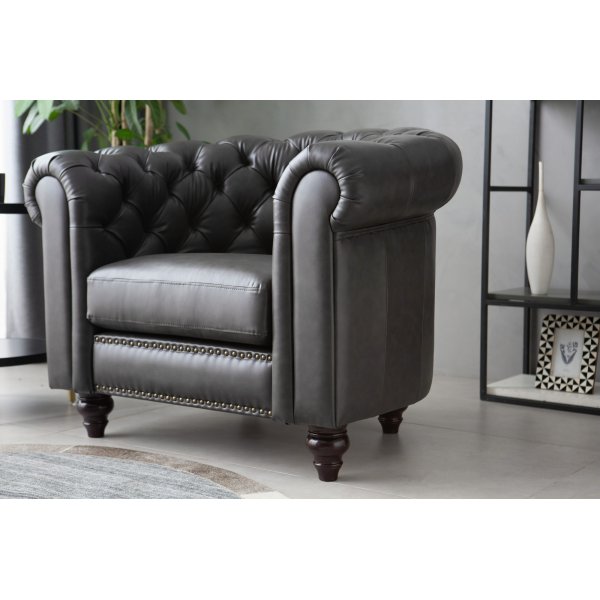 Fauteuil Royal Chesterfield en cuir artificiel marron foncé + Détachant pour meubles Fauteuil Royal Chesterfield en cuir artificiel marron foncé + Détachant pour meubles