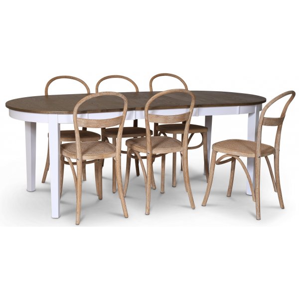 Skagen matgrupp; matbord 160/210x90 cm - Vit / brunoljad ek med 6 st Danderyd No.16 stolar Whitewash