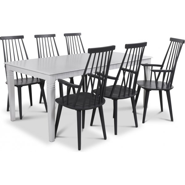 Mellby matgrupp 180 cm bord med 6 st svarta Dalsland Pinnstolar med armstd + 4.00 x Mbeltassar