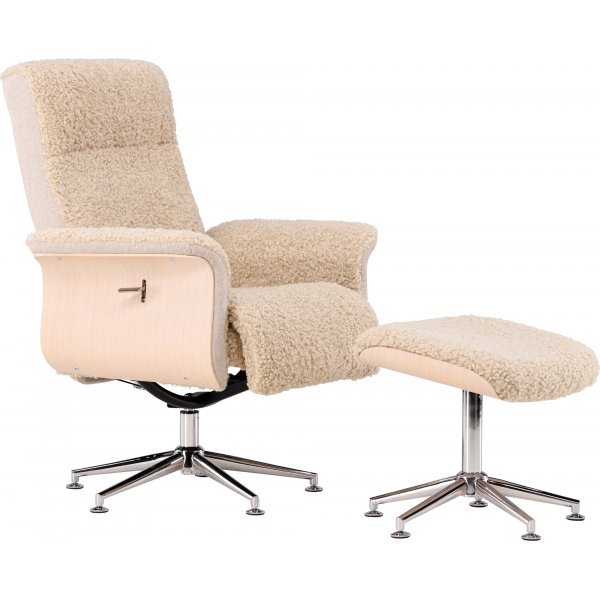 Hagön reclinerfåtölj med fotpall - Beige fårskinnsimitation/whitewash ek + Textilrengöring för möbler Hagön reclinerfåtölj med fotpall - Beige fårskinnsimitation/whitewash ek + Textilrengöring för möbler