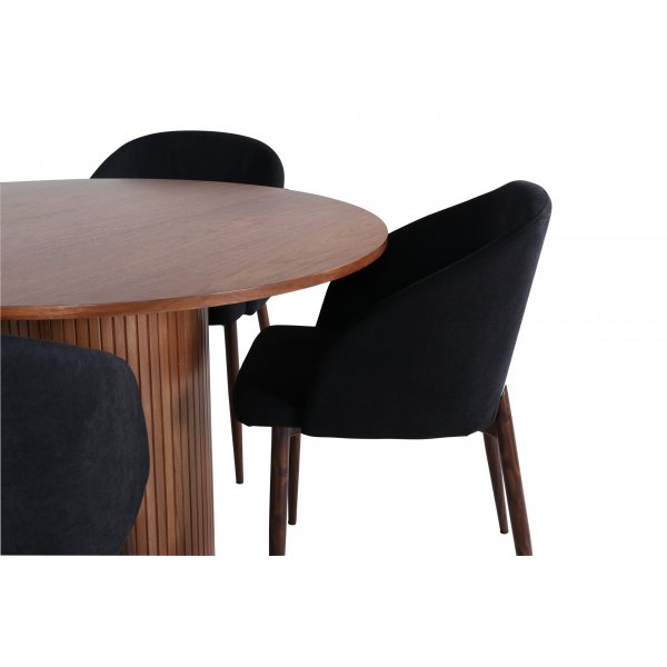 Bianca Matgrupp runt valnöt matbord med 4 st Arch svart stolar Bianca Matgrupp runt valnöt matbord med 4 st Arch svart stolar
