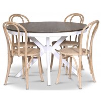 Skagen matgrupp; runt matbord 120 cm - Vit / brunbetsad ek med 4 st Danderyd No.18 stolar Whitewash Skagen matgrupp; runt matbord 120 cm - Vit / brunbetsad ek med 4 st Danderyd No.18 stolar Whitewash