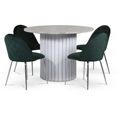 Empire matgrupp 105 cm inkl. 4 st Plaza velvet grna stolar - Silver Diana marmor / Vit lamell trfot