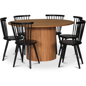 Groupe de repas Nova, table  manger extensible 130-170 cm avec 6 chaises cantilever noires Castor - Chne huil