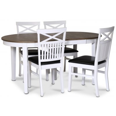 Skagen matgrupp; matbord 160/210x90 cm - Vit / brunoljad ek med 4 st Fårö stolar med kryss, PU sits