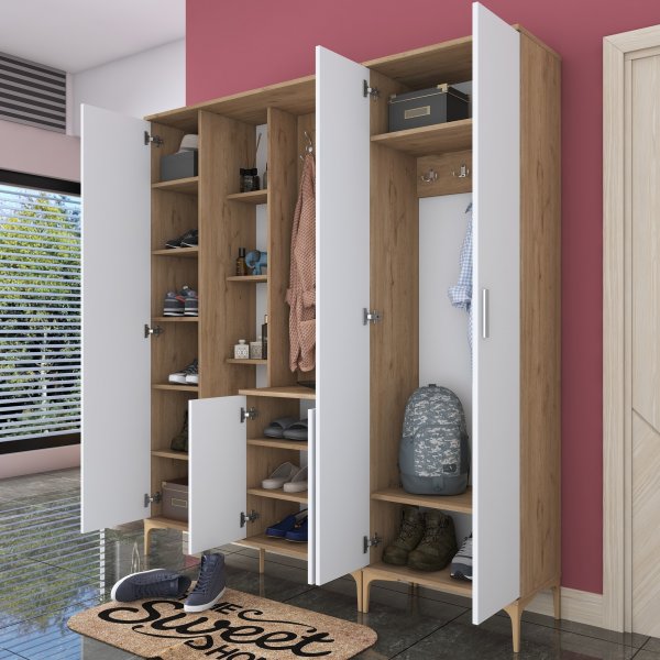 Meuble d\\\'entrée Esa 180 x 37,5 x 198,6 cm Variante A - Noyer/blanc Meuble d\\\'entrée Esa 180 x 37,5 x 198,6 cm Variante A - Noyer/blanc