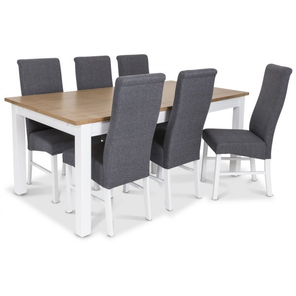 Skagen matgrupp - 180 cm Bord inklusive 6 st Isabelle stolar i gr kldsel - Vit/Ekbets