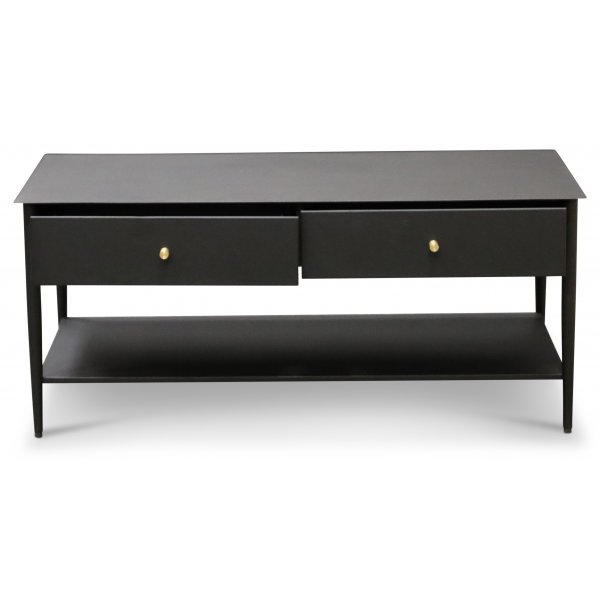 Flash soffbord med lådor - Svart metall med mässingsknoppar Flash soffbord med lådor - Svart metall med mässingsknoppar