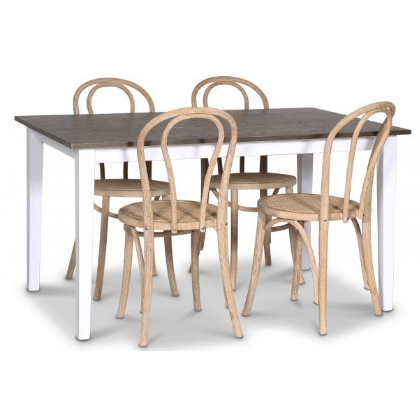Skagen matgrupp; matbord 140 cm - Vit / brunbetsad ek med 4 st Danderyd No.18 matstolar Whitewash
