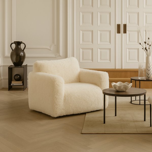 Fåtölj fluffig beige tygklädsel Fåtölj fluffig beige tygklädsel