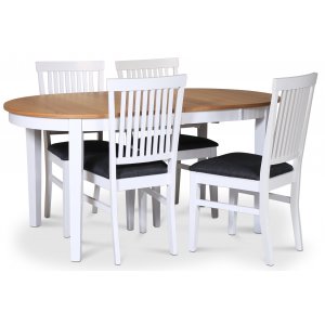 Fr matgrupp; matbord 160/210x90 cm - Vit / oljad ek med 4 st Fr stolar med gr tygsits