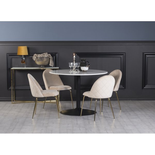 Plaza matgrupp, marmorbord med 4 st Plaza sammetsstolar - Beige/Vit/Svart