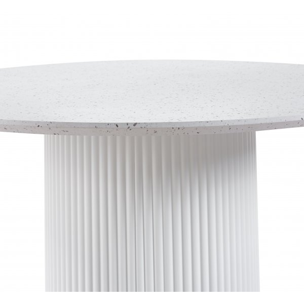 Matgrupp Sandö matbord Ø120cm i vit terazzo med 4st Callum matstol i beige tyg Matgrupp Sandö matbord Ø120cm i vit terazzo med 4st Callum matstol i beige tyg