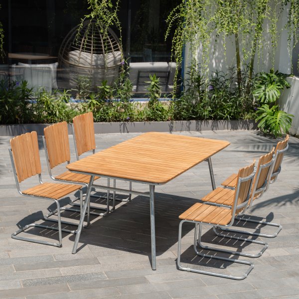 Mllan utegrupp i teak: 6 st stolar med matbord 176x90 cm