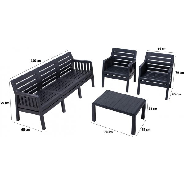 Lara loungegrupp med 3-sits soffa, 2 fåtöljer och bord utan dynor - Antracit Lara loungegrupp med 3-sits soffa, 2 fåtöljer och bord utan dynor - Antracit