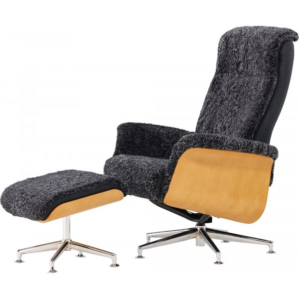 Ulla f�t�lj med fotpall i ek - M�rkgr� f�rskinn + Textilreng�ring f�r m�bler