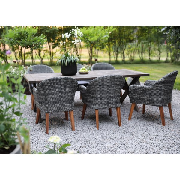 Groupe de restauration en plein air d\\\'Oxford; table beige 220 cm avec 6 fauteuils Valetta rotin artificiel gris Groupe de restauration en plein air d\\\'Oxford; table beige 220 cm avec 6 fauteuils Valetta rotin artificiel gris