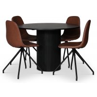 Cobe matgrupp; runt matbord i svartbetsad ek + 4 st Bridge matstolar, brun vintage PU Cobe matgrupp; runt matbord i svartbetsad ek + 4 st Bridge matstolar, brun vintage PU