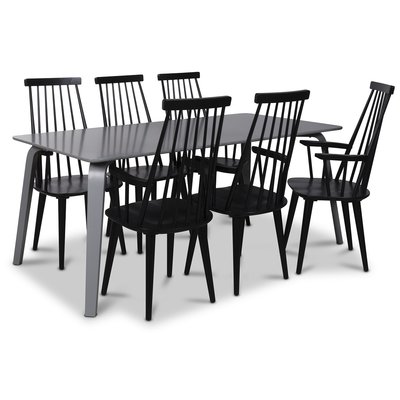 Visby matgrupp, 180 cm grtt bord med 6 st svarta Dalsland pinnstolar med armstd